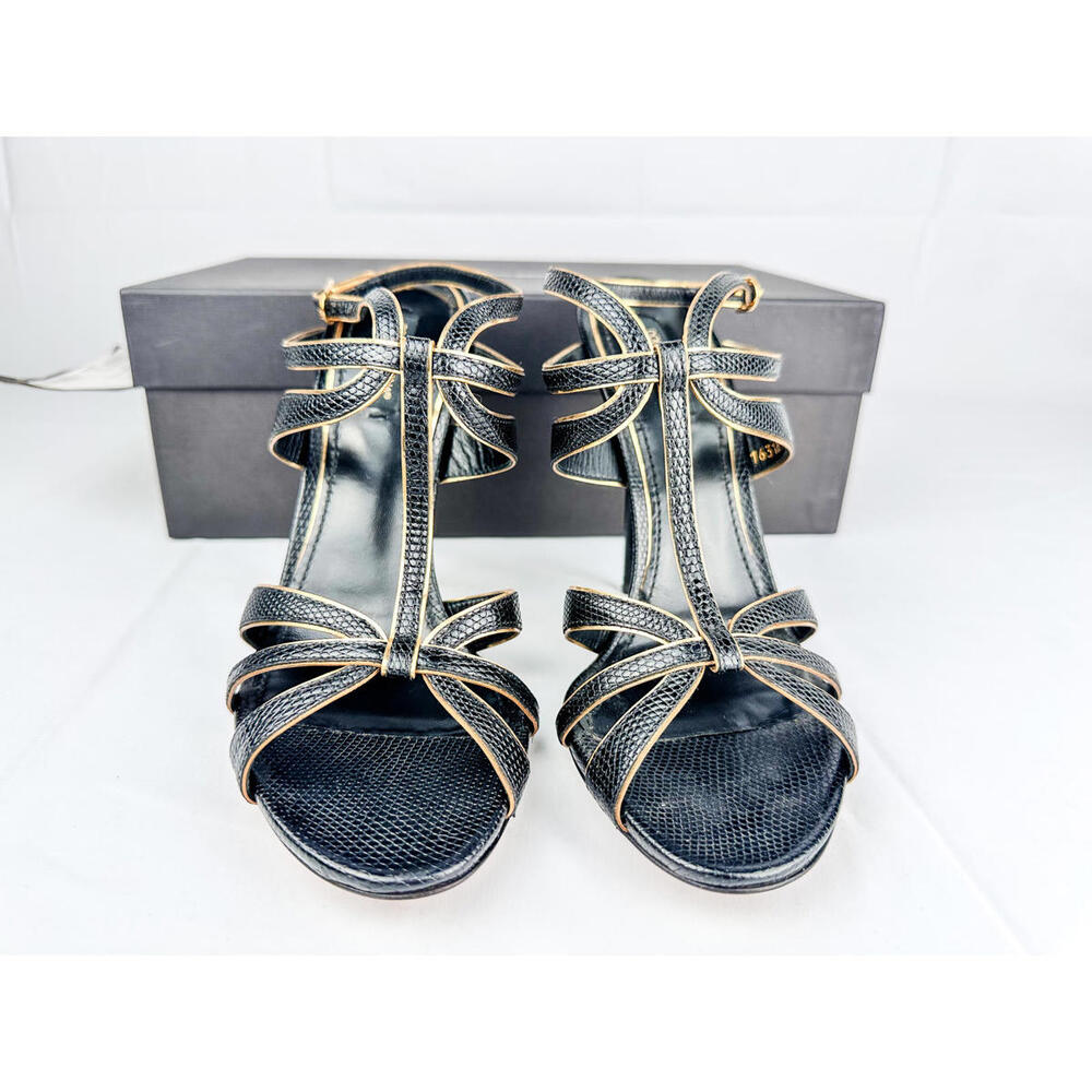 Dolce & Gabbana Ankle-Strap Heels Black & Gold Leather Size 39 EU Full Set NWT - Picture 2 of 9